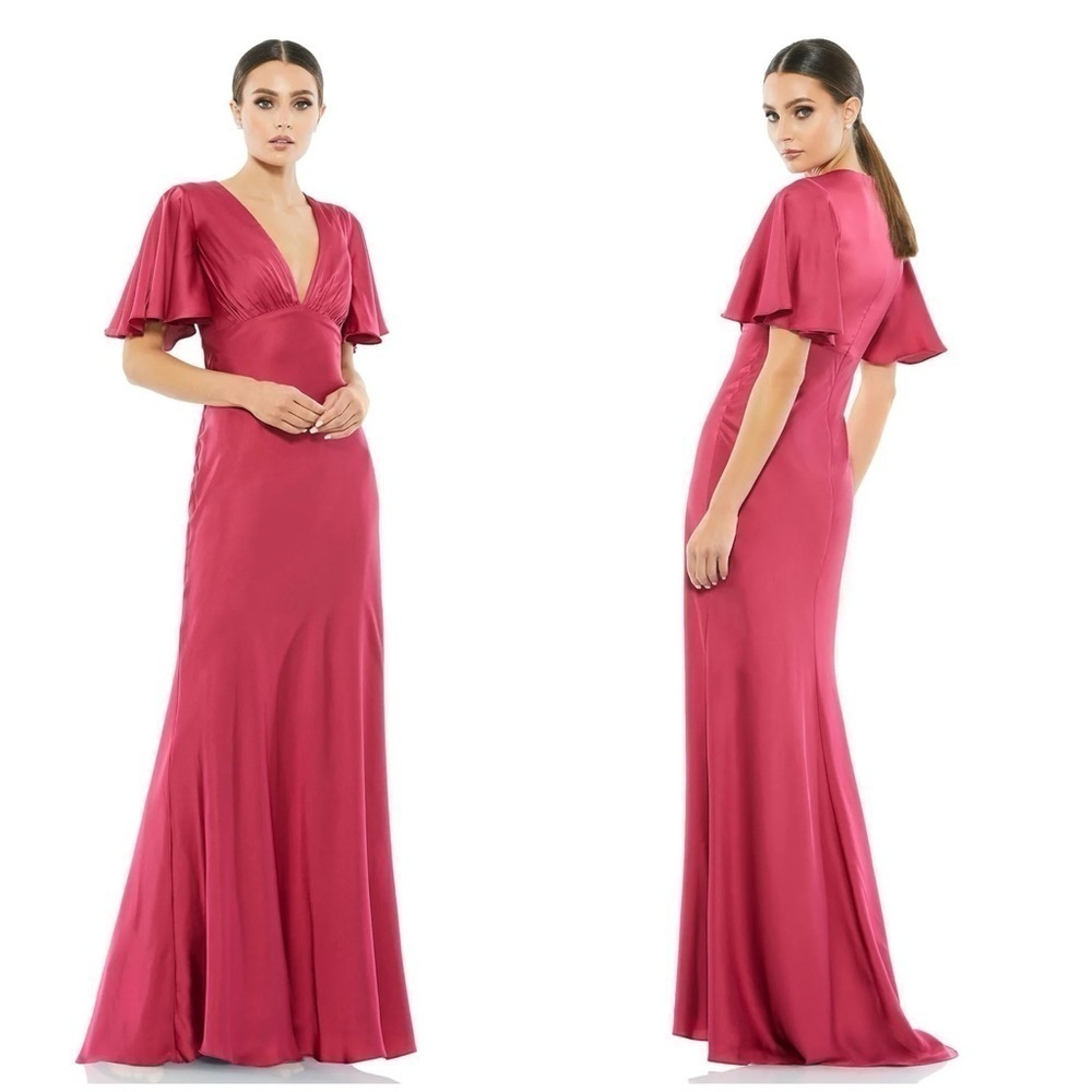 IEENA FOR MAC DUGGAL Flounce V-Neck Raspberry Pink Gown